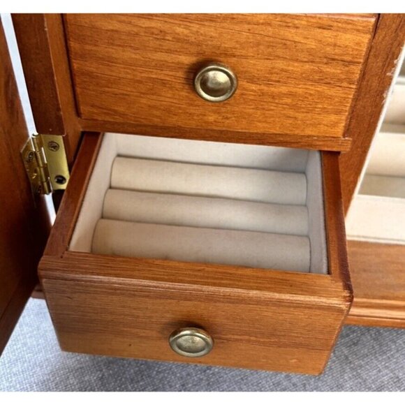 Vintage Wood Jewelry Box  2-Door Mirror 5 Drawers Armoire Lined - Picture 7 of 8